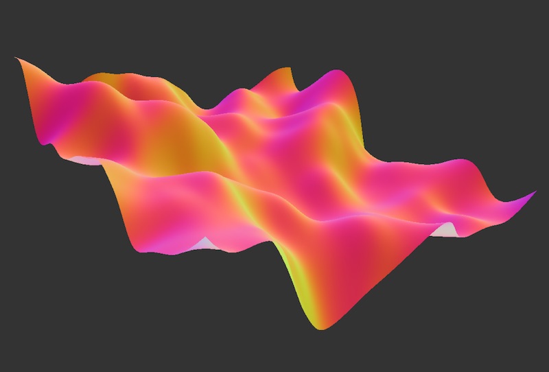 Vibratory deformations of a mesh attached at each corner. Underlying physical model: 20x20 masses. NURBS-based rendering in Jitter.