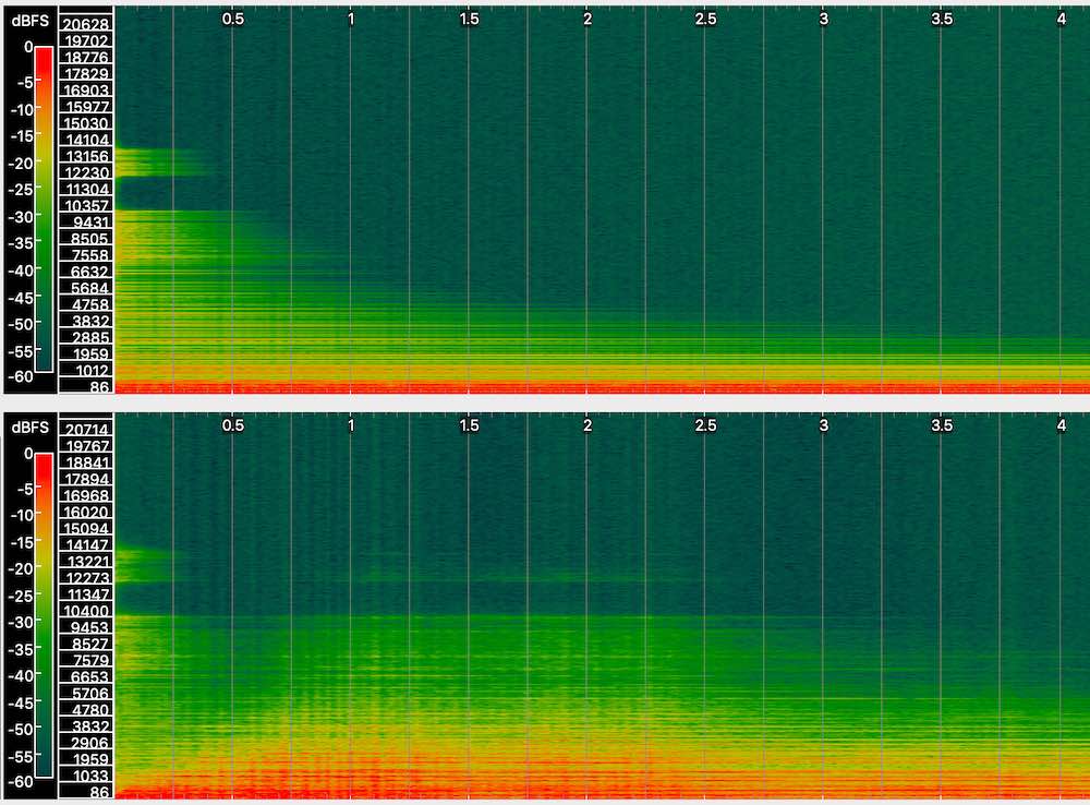 Emerging effect of chaos in the beam model shown in fig.8. Top: low amplitude excitation. Bottom: high amplitude excitation.