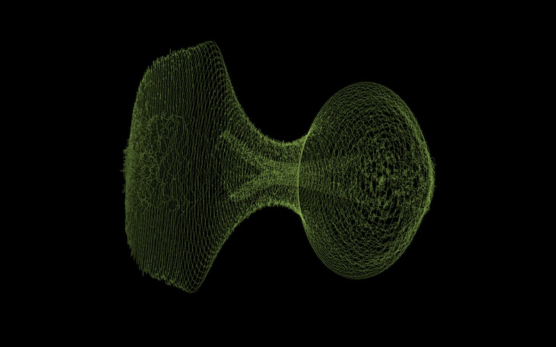 Snapshots of real-time miPhysics models running in Processing at 250Hz. The first model counts 100000 modules (50k masses, 50k interactions). The second counts 60000 modules (15k masses, 45k interactions).[fig:bigVisual]