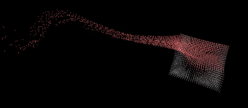 Snapshots of real-time miPhysics models running in Processing at 250Hz. The first model counts 100000 modules (50k masses, 50k interactions). The second counts 60000 modules (15k masses, 45k interactions).[fig:bigVisual]