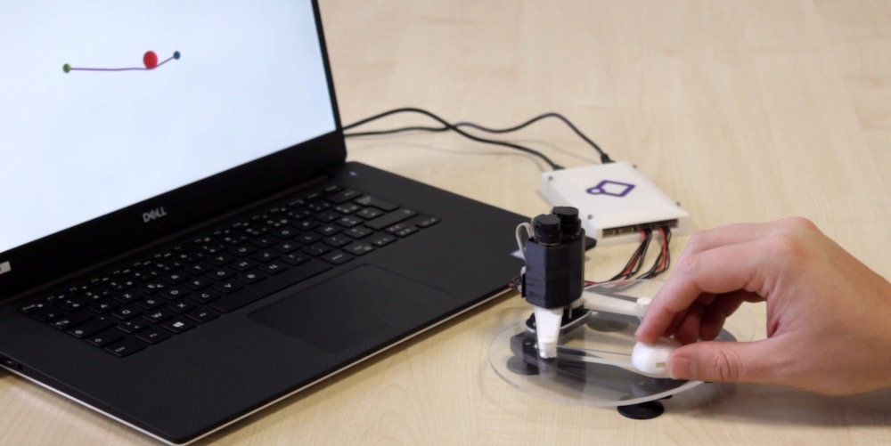 Direct haptic interaction with a mass-interaction model of a 3D string using the Haply device.